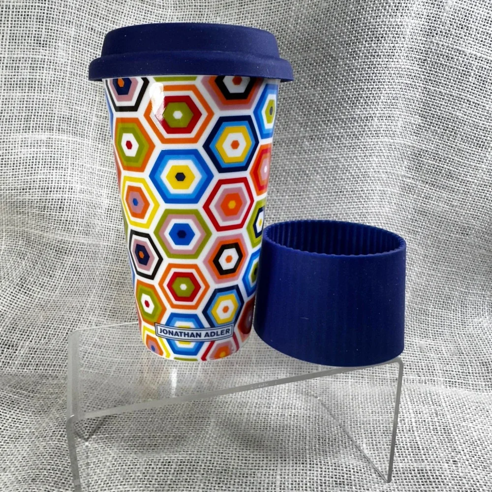 Jonathan Adler Travel Mug Geometric Hexagon Ceramic Silicone Lid Sleeve Blue Cup